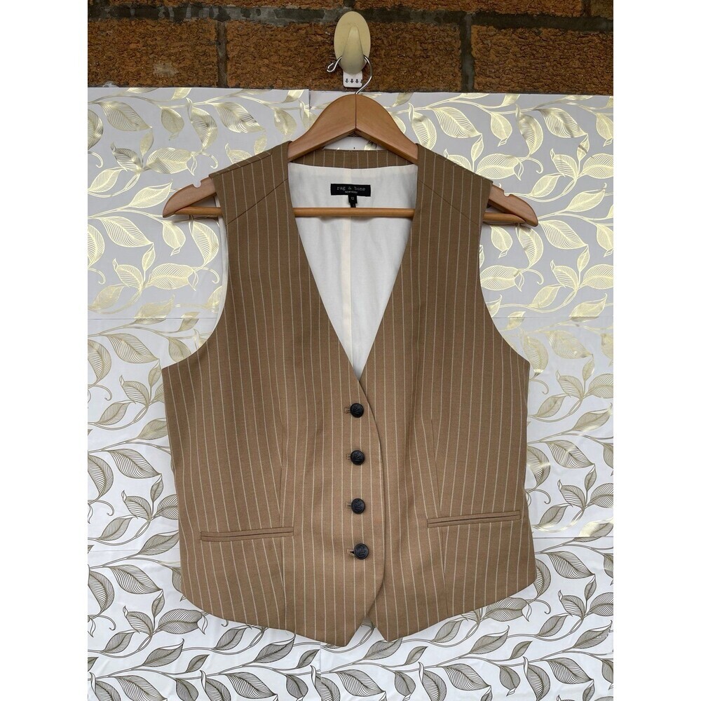 Rag & Bone Tan Pinstripe Wool Vest Waistcoat Size 12 Dark Academia Corporatecor - Picture 3 of 9